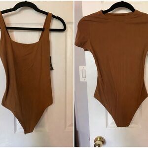 Auden Women's Camel Brown Scoop & Crew Neck Thong Bodysuit Bundle Size S